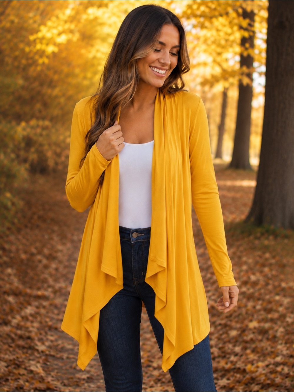 Azules yellow Hooded Waterfall Cardigan Drape Open Front Lightweight Size L